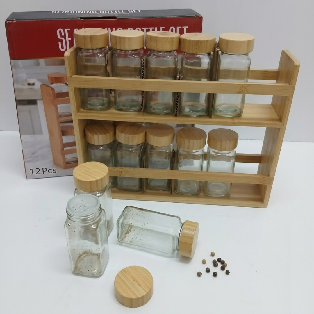 12-in-1 Wooden Spice Rack with Glass Jars