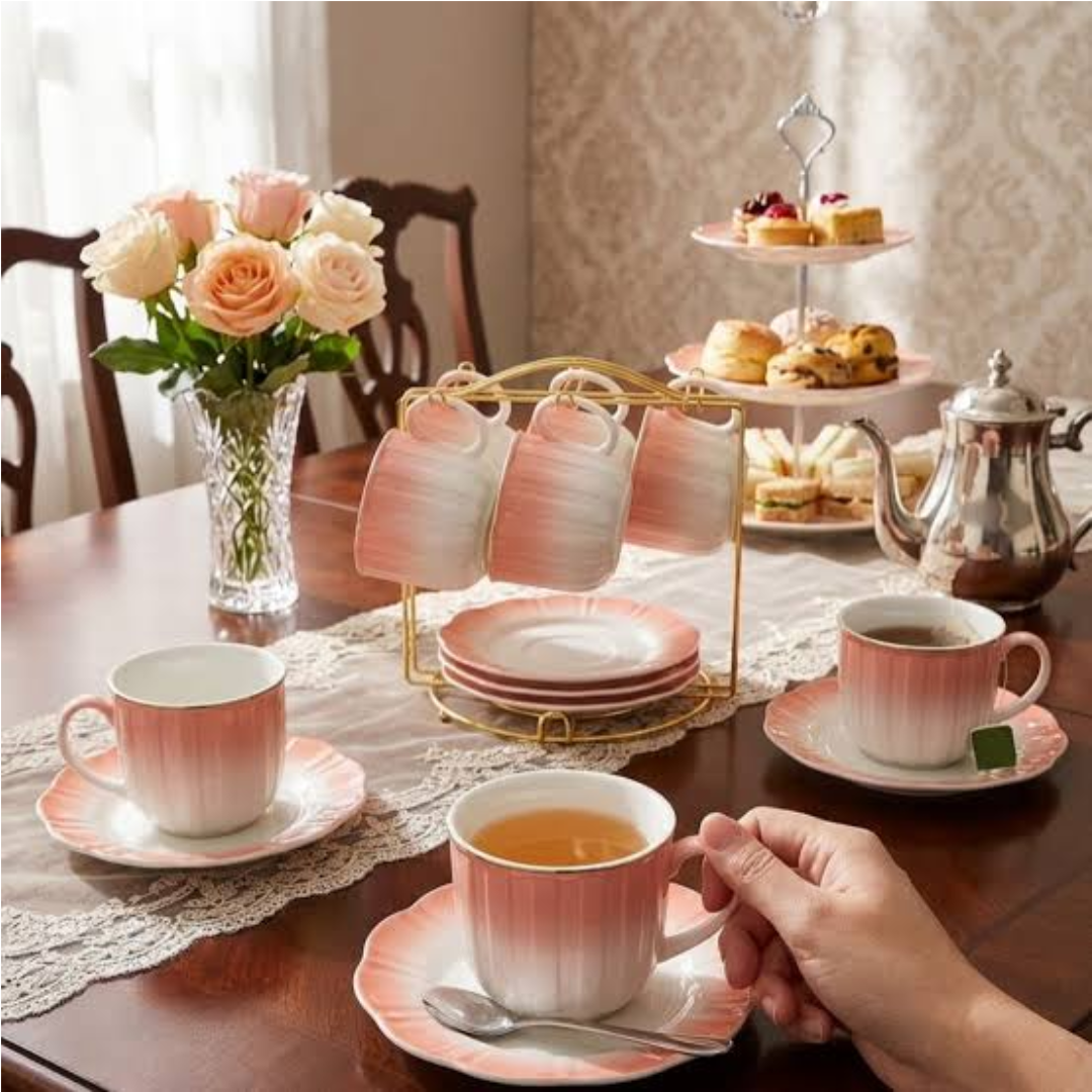 13 Piece bone china cup and saucer set with stand