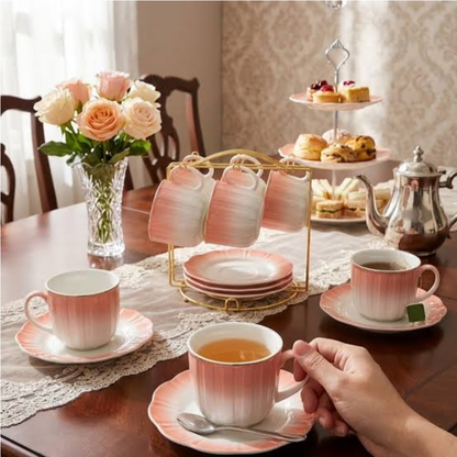 13 Piece bone china cup and saucer set with stand