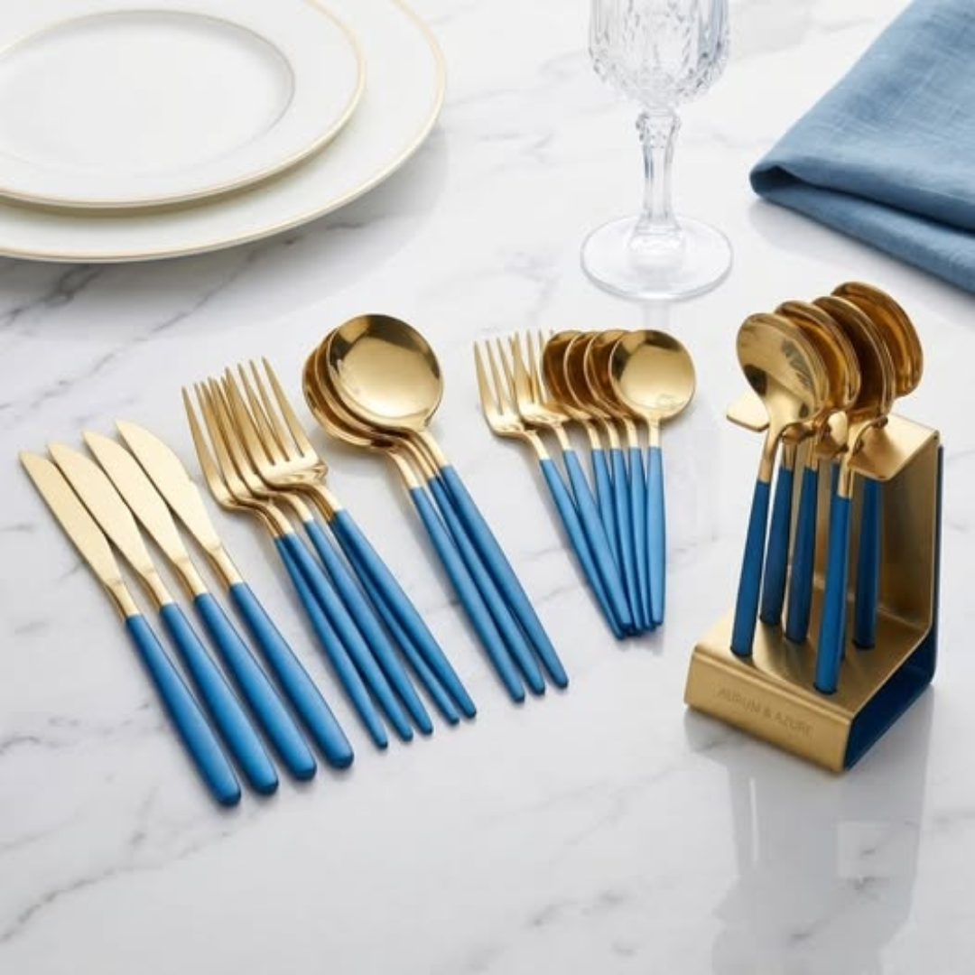 24-Piece Blue Slim Stainless Steel Cutlery Set