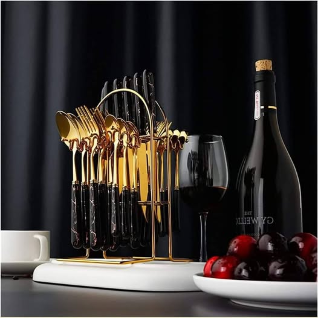 24-Piece Gold Cutlery Set with Marble-Effect Handles