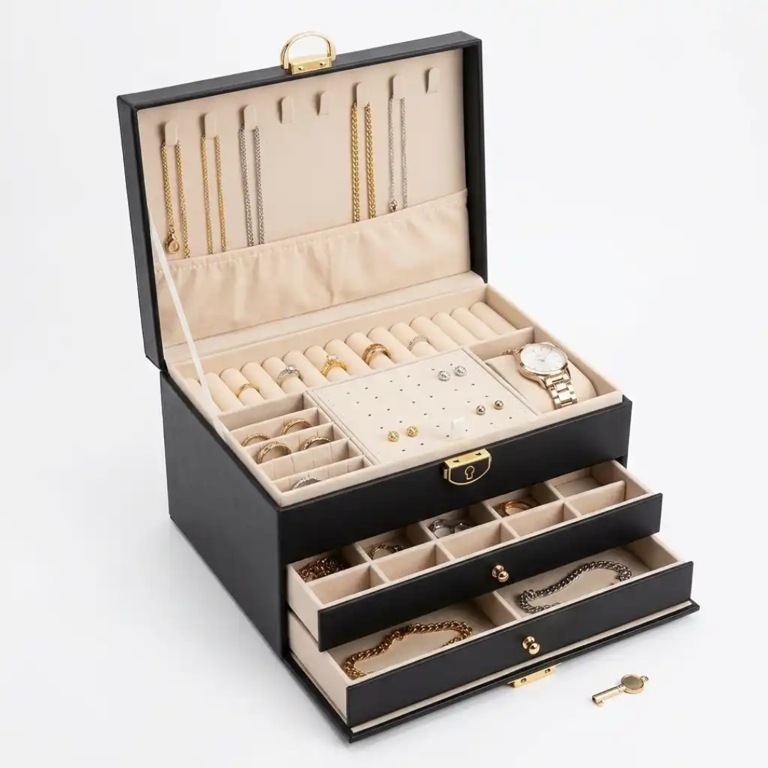 3-Layered Leather Jewelry Storage Box