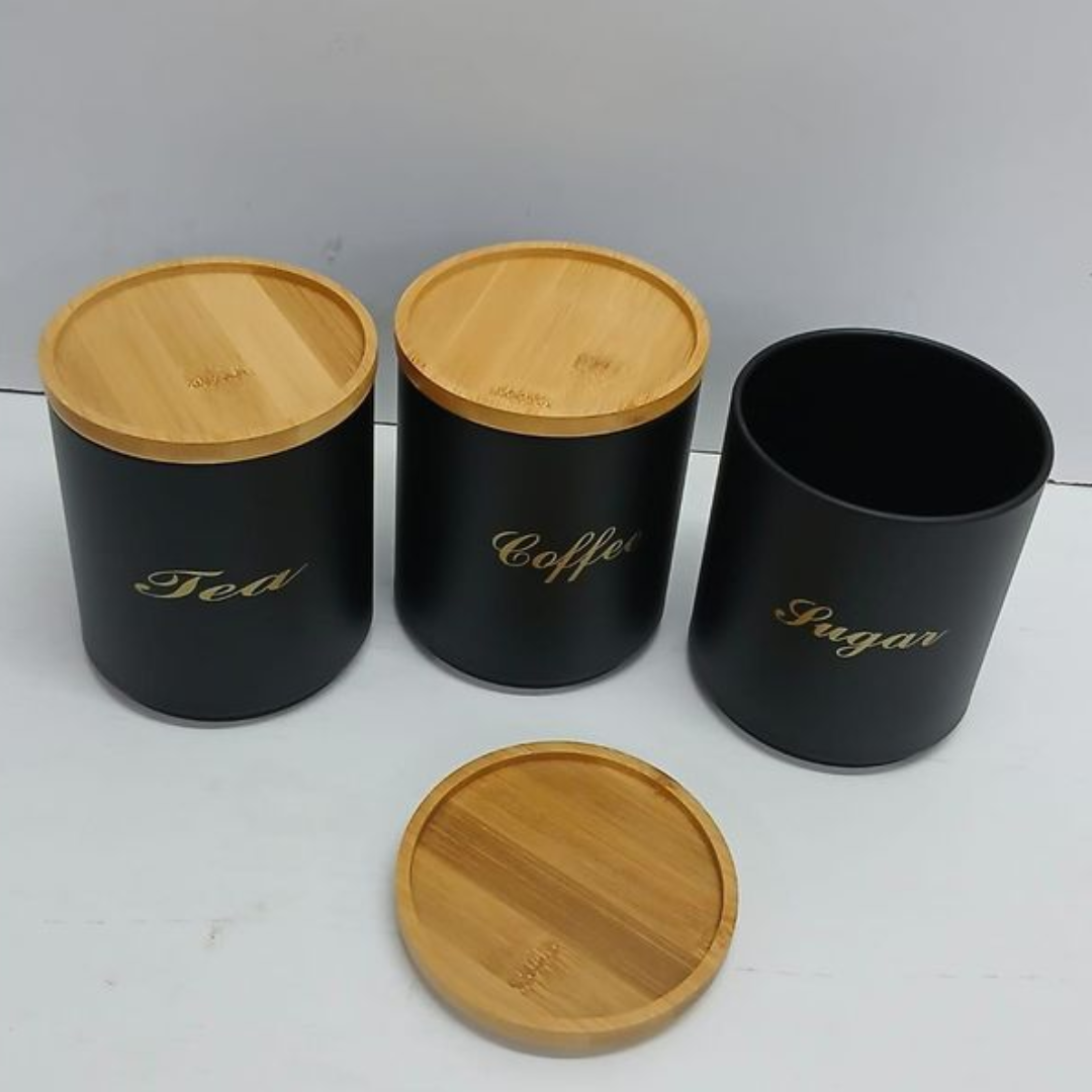 3-Piece Metal Tea Coffee and Sugar Canister Set with Bamboo Lids