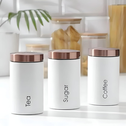 3-Piece White Metal Tea Coffee and Sugar Canister Set