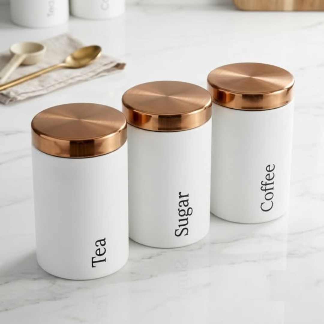 3-Piece White Metal Tea Coffee and Sugar Canister Set
