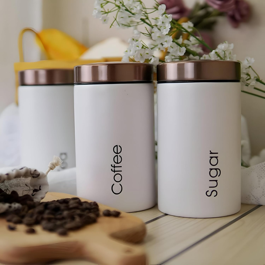 3-Piece White Metal Tea Coffee and Sugar Canister Set