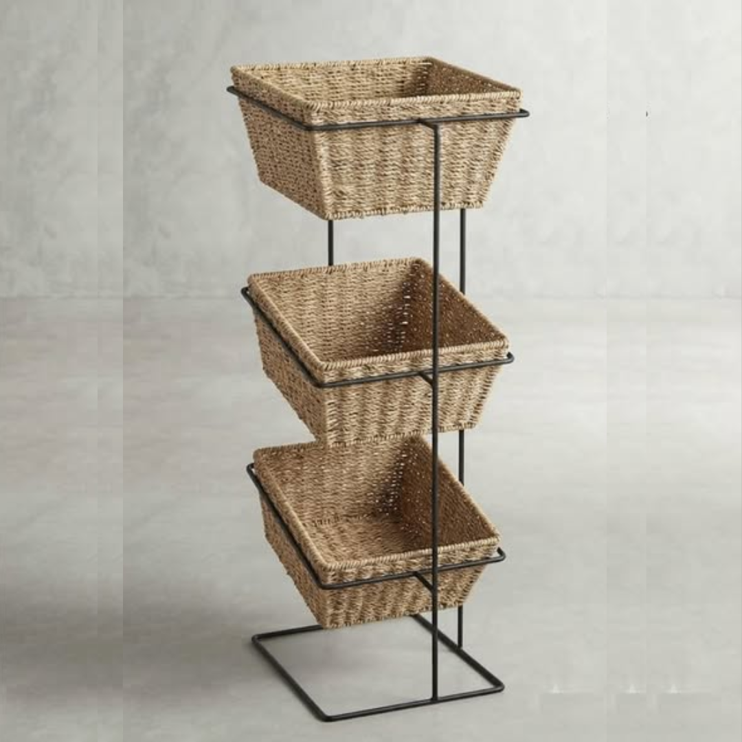 3-Tier Woven Basket Floor Rack