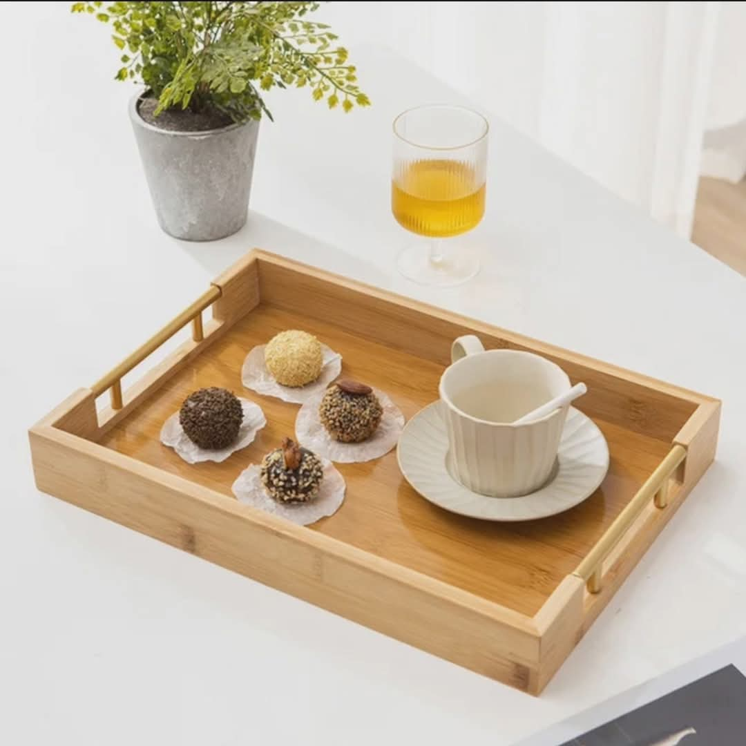 3-in-1 Bamboo Serving Tray Set with Gold Handles