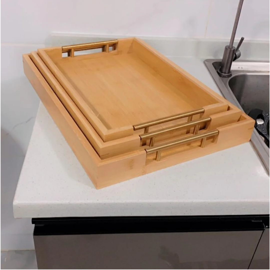 3-in-1 Bamboo Serving Tray Set with Gold Handles