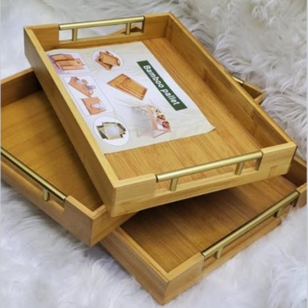 3-in-1 Bamboo Serving Tray Set with Gold Handles