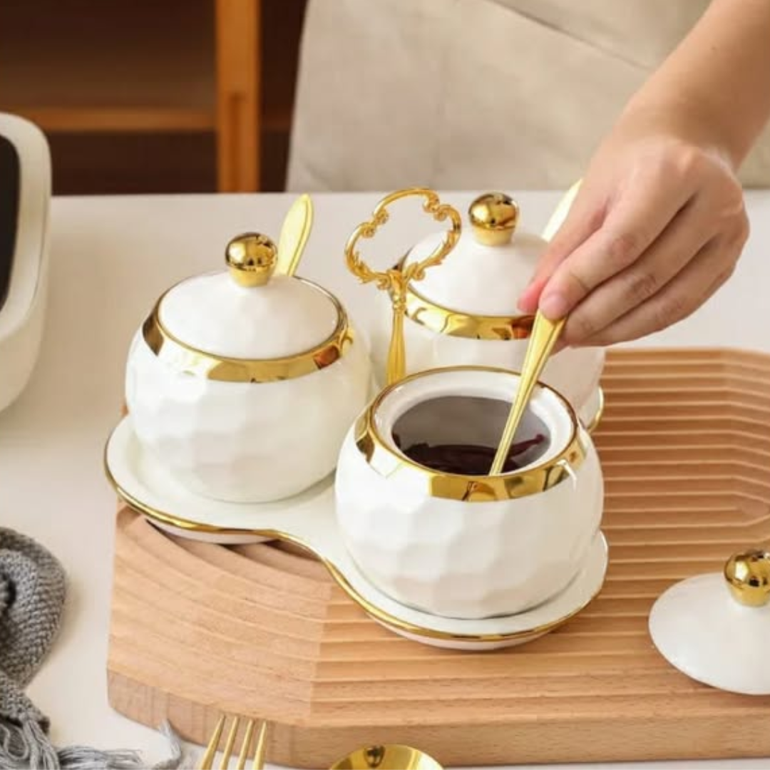 3-in-1 Ceramic Sugar Canister Set with Triangle Stand