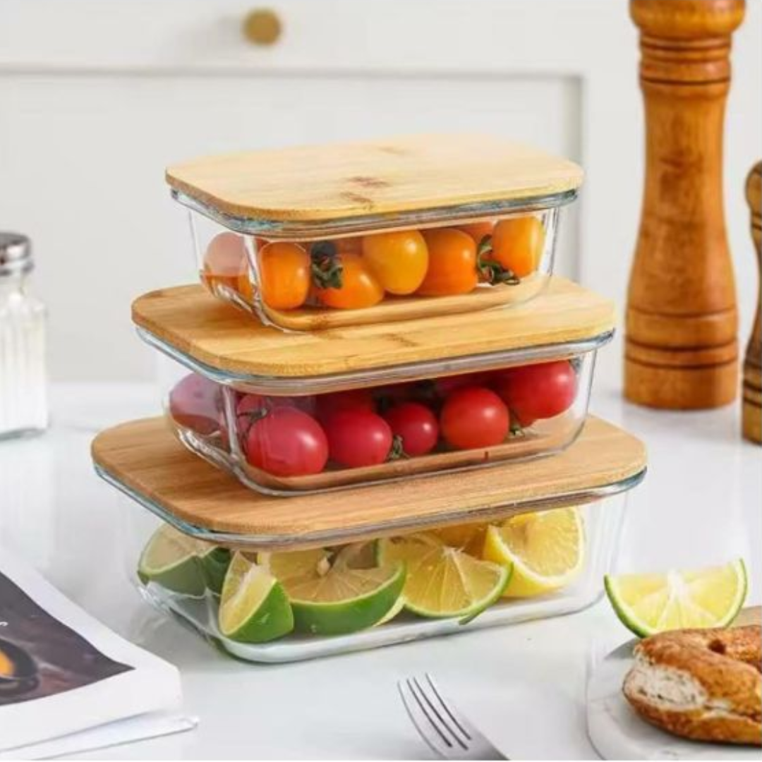 3-in-1 Glass Snack Storage Box Set (Bamboo Lids) 