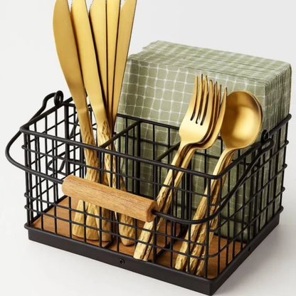 4-in-1 metallic cutlery holder with bamboo base