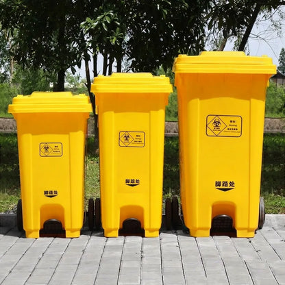 Big size yellow dustbins with wheels and pedal