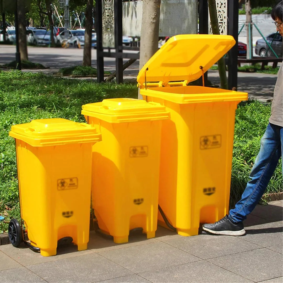 Big size yellow dustbins with wheels and pedal