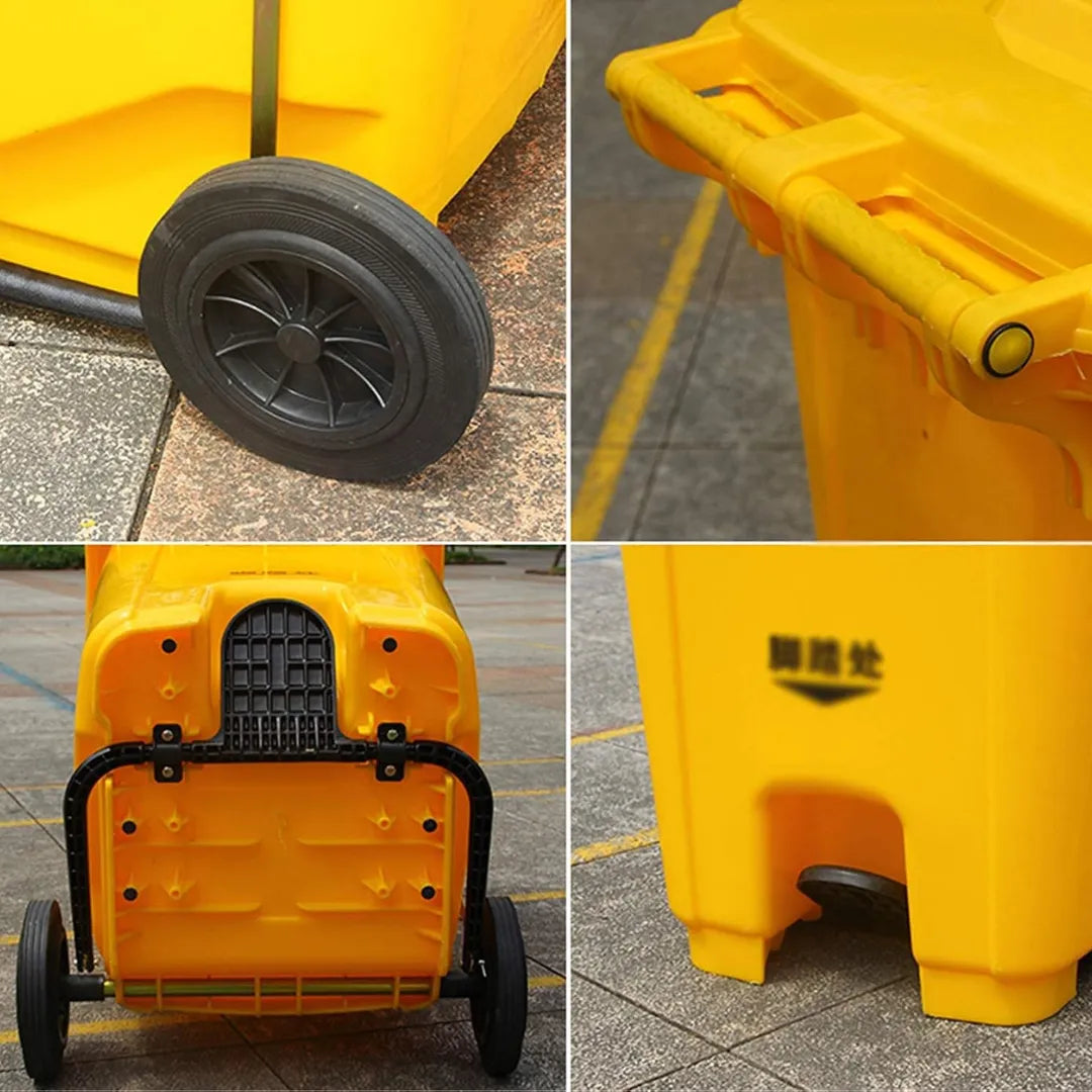 Big size yellow dustbins with wheels and pedal