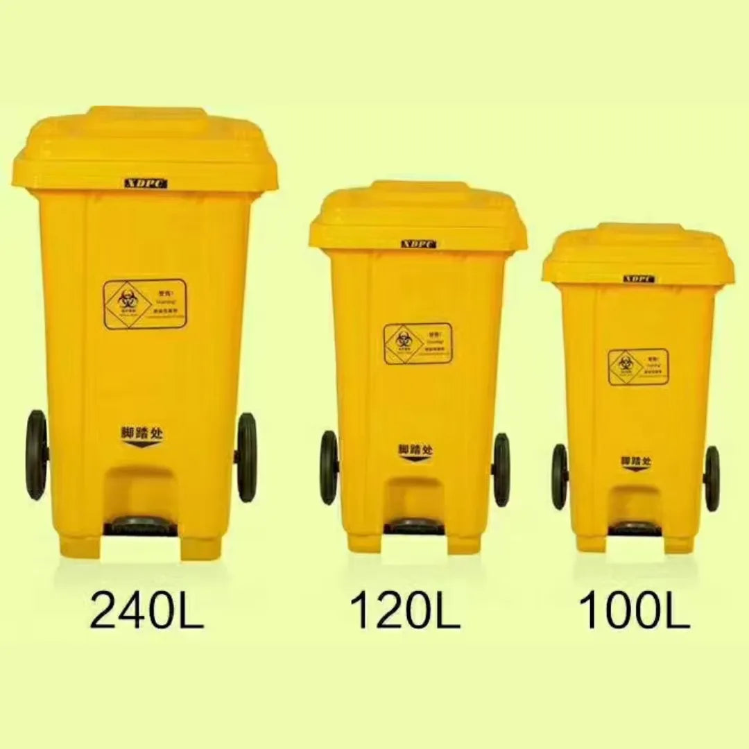 Big size yellow dustbins with wheels and pedal