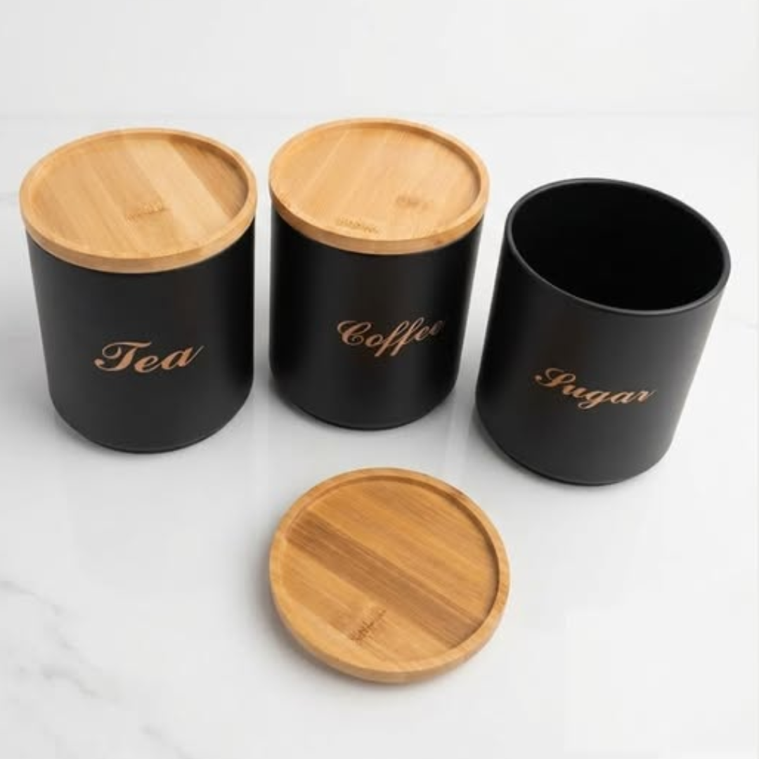 Black 3-Piece Metal Tea Coffee and Sugar Canister Set with Bamboo Lids