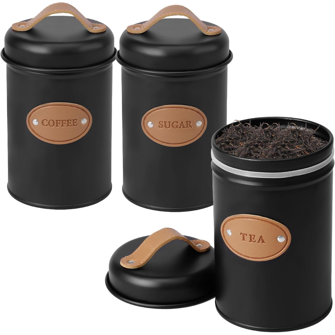 Black Metal Tea Coffee and Sugar Canisters