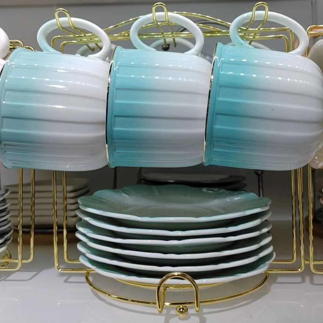 Blue - 13 Piece bone china cup and saucer set with stand