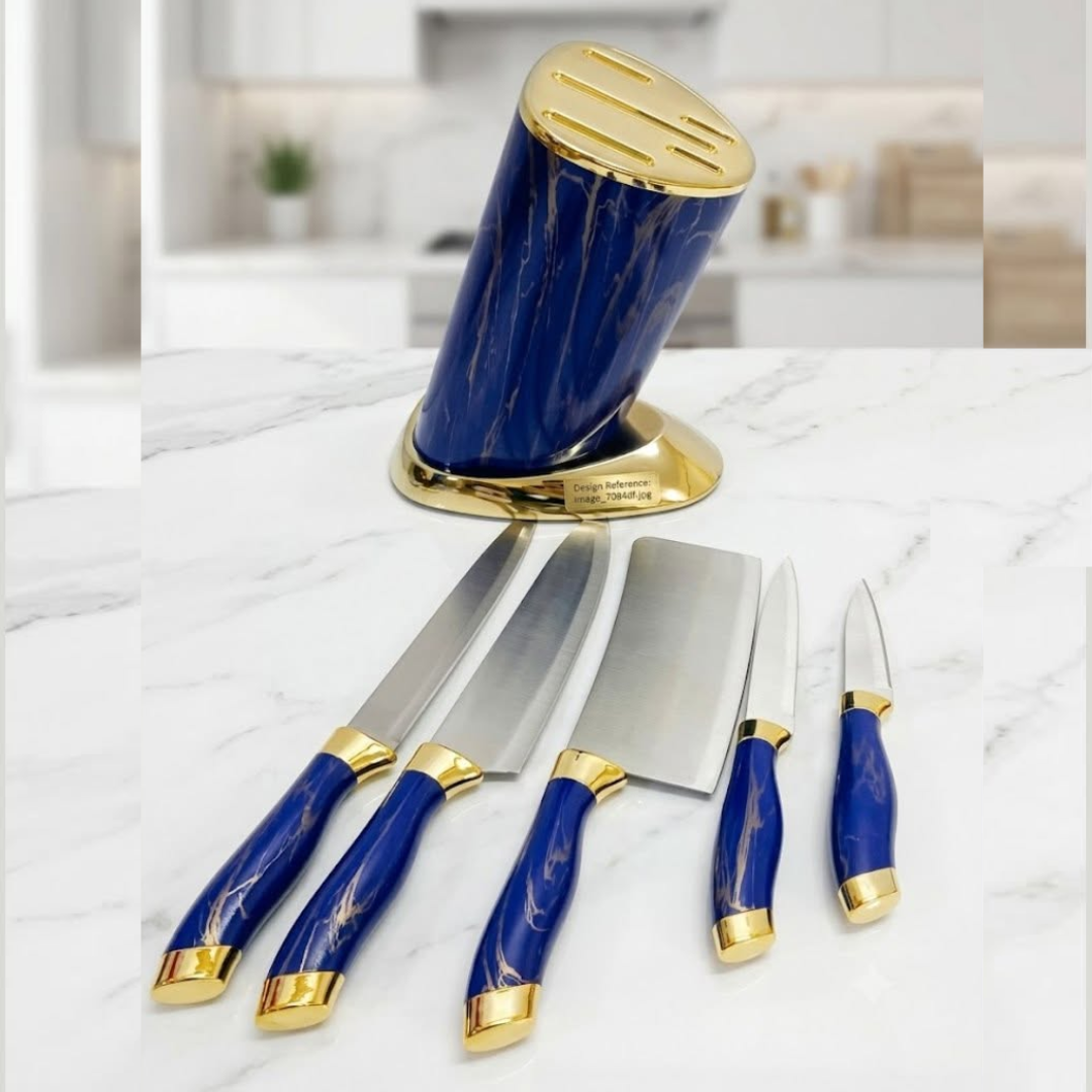 Blue 6-Pcs Kitchen Knife Set with Round Stand