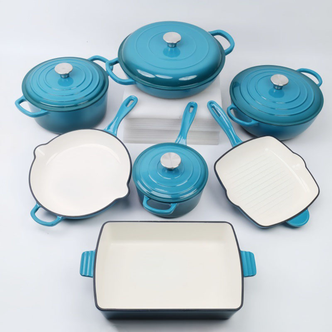 Blue Multi-color enamel cast iron cookware set