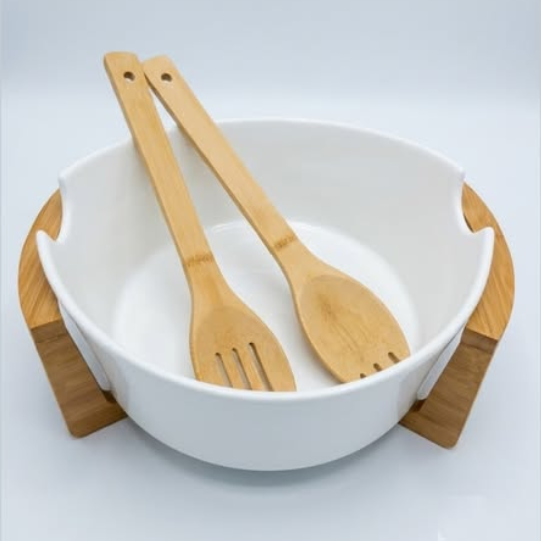 Ceramic Salad Bowl with Bamboo Stand