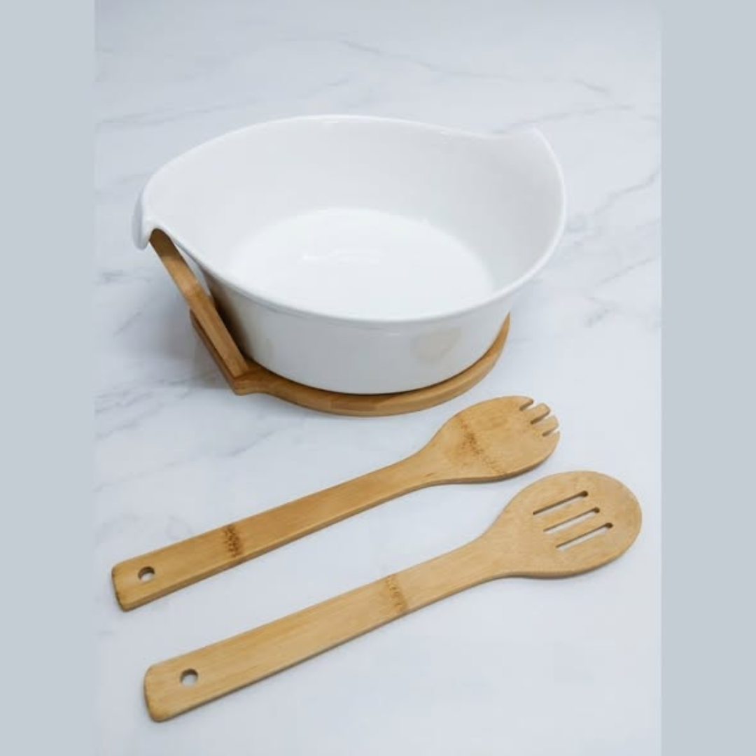 Ceramic Salad Bowl with Bamboo Stand