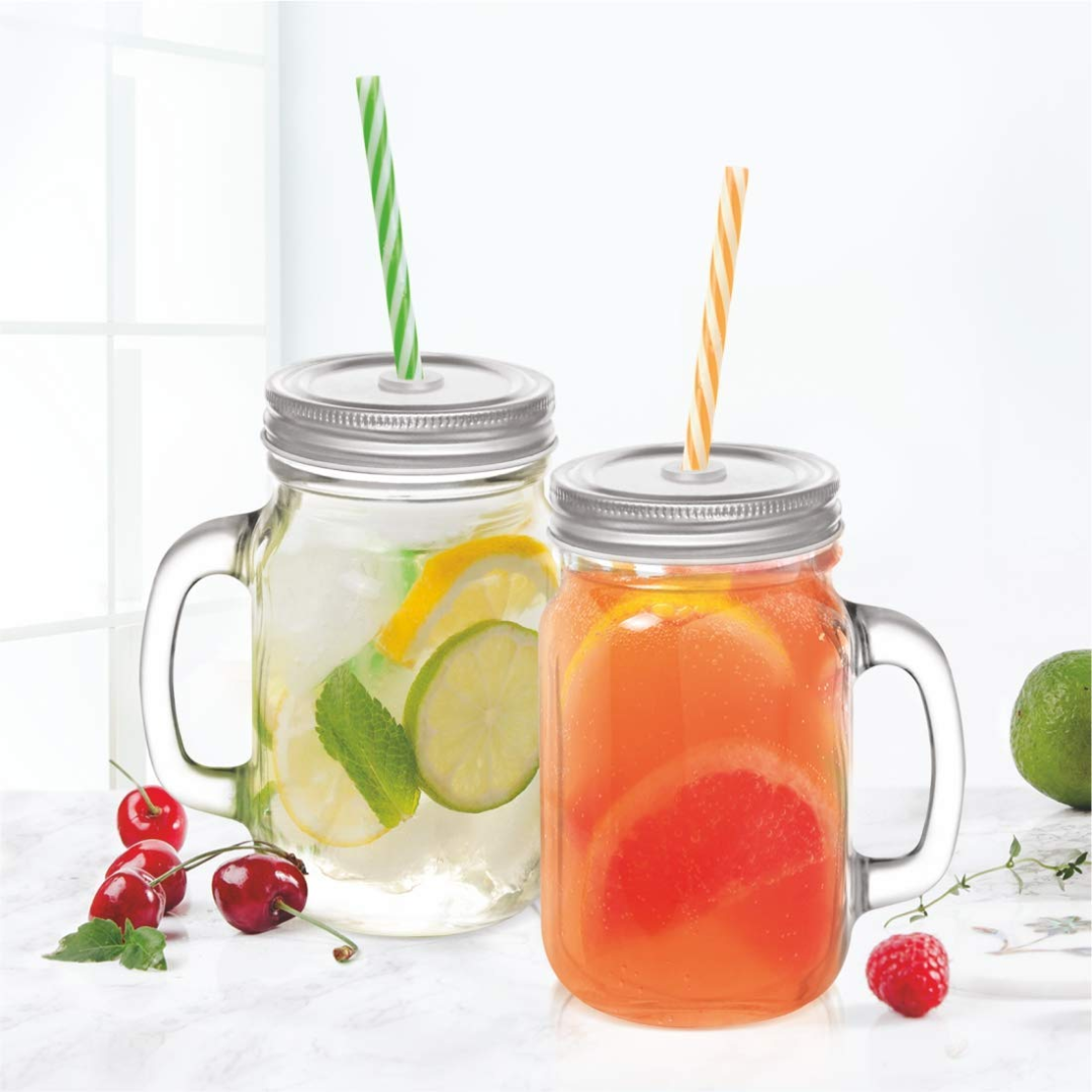 Clear Glass Mason Jar with Straw and Handle 
