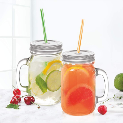 Clear Glass Mason Jar with Straw and Handle 
