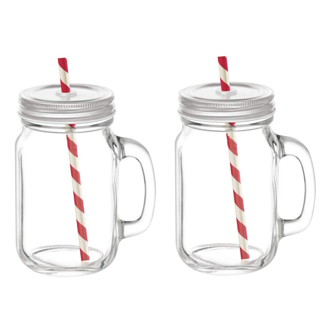 Clear Glass Mason Jar with Straw and Handle 