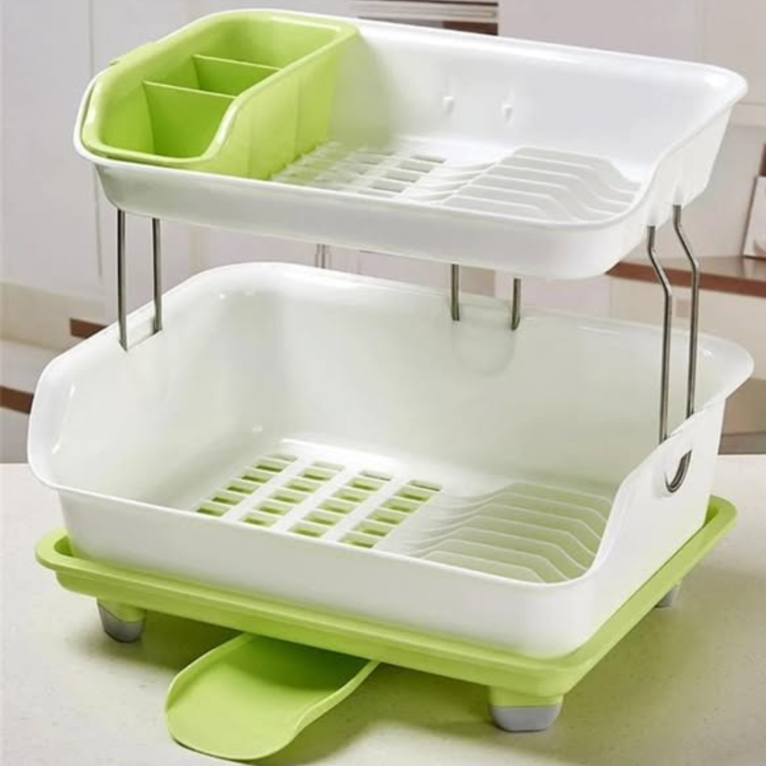 Green 2-Tier Plastic Dish Rack