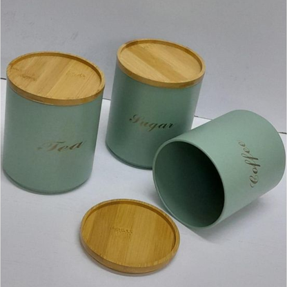 Green 3-Piece Metal Tea Coffee and Sugar Canister Set with Bamboo Lids