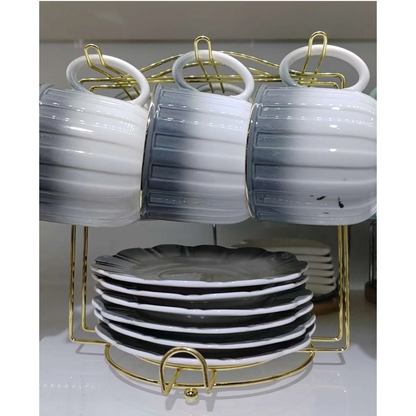 Grey 13 Piece bone china cup and saucer set with stand 