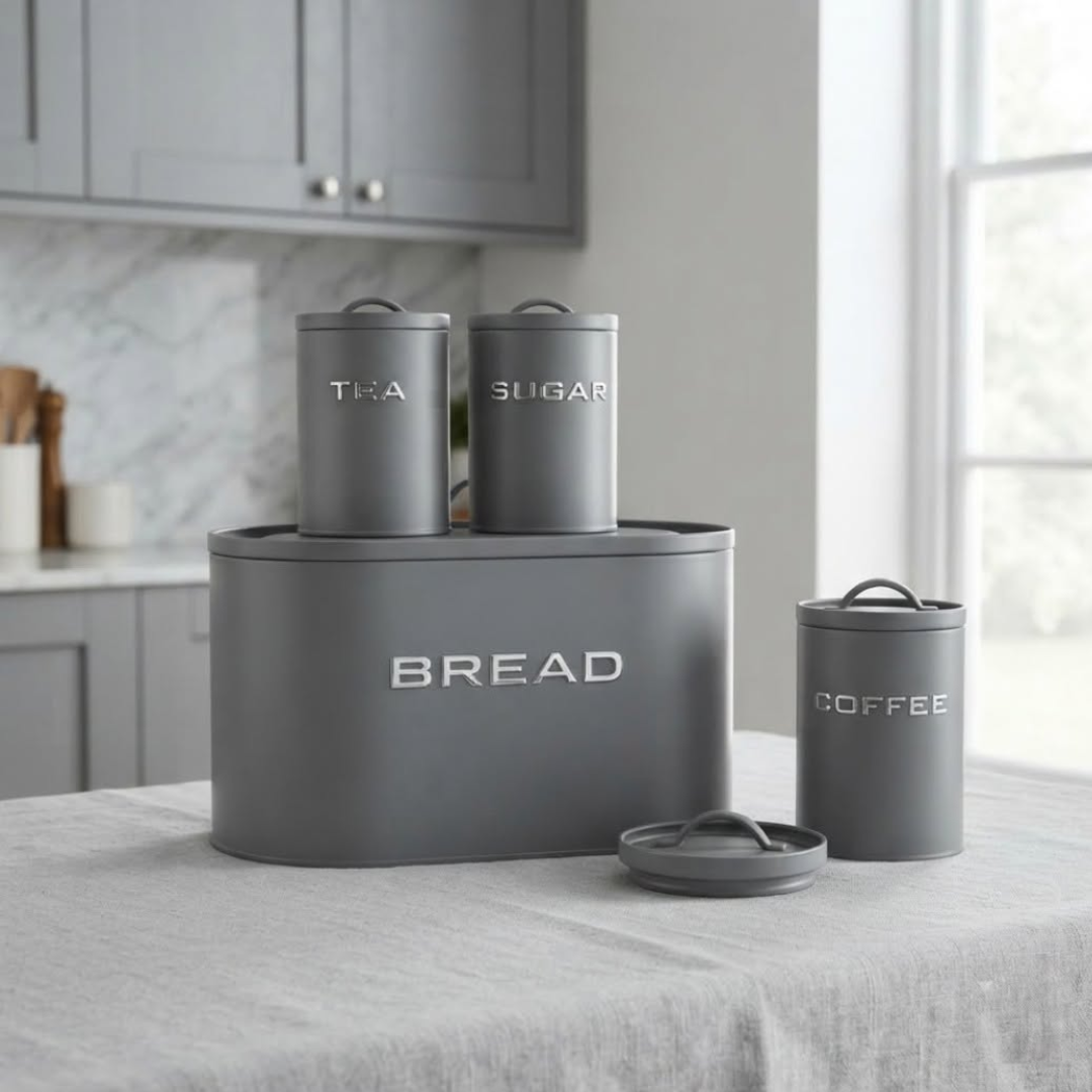 Grey Alloy Bread Bin and 3-Piece Canister Set