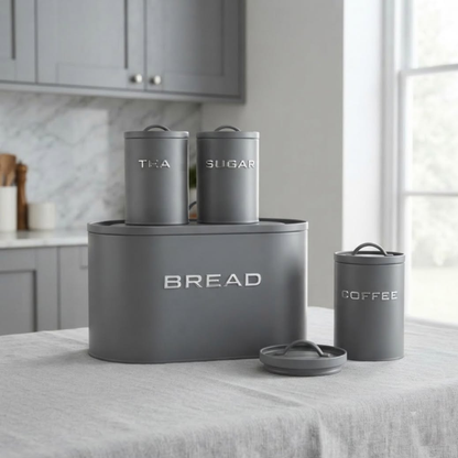 Grey Alloy Bread Bin and 3-Piece Canister Set