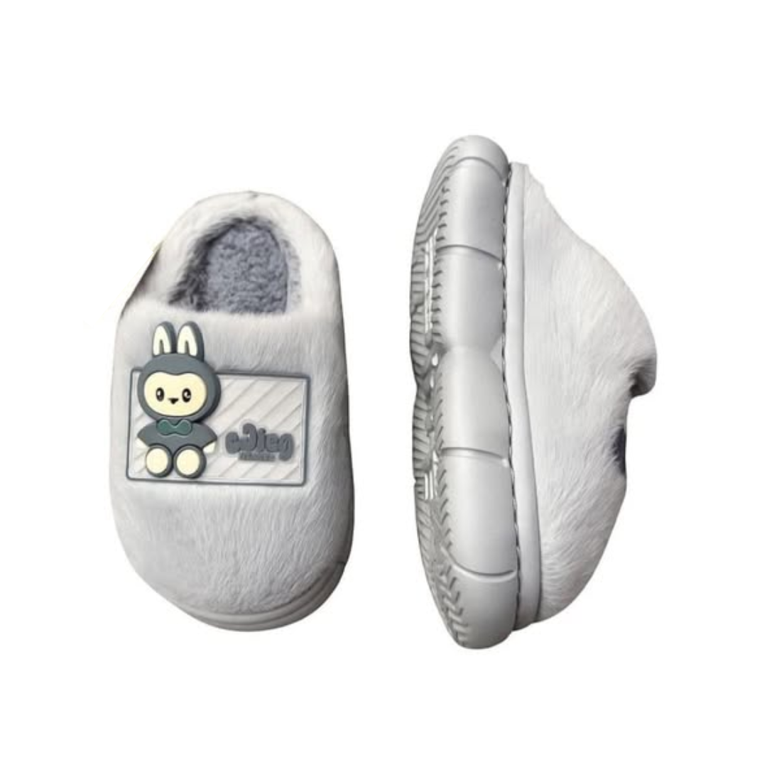 Grey Labubu Plush Kids Indoor Slippers