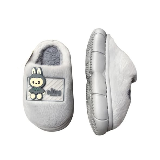 Grey Labubu Plush Kids Indoor Slippers