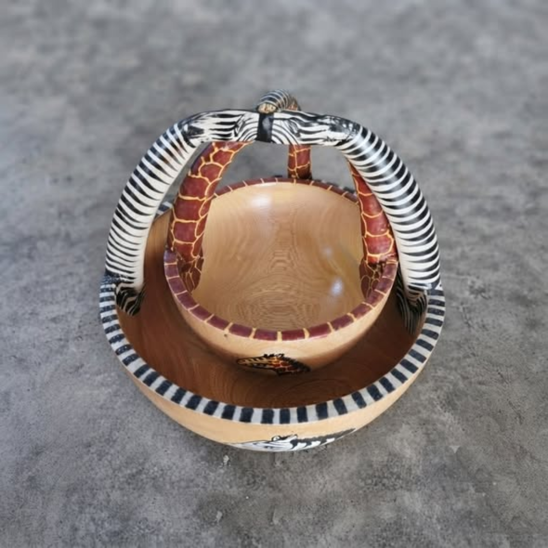 Hand-Carved African Wooden Basket Bowl