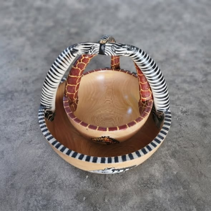 Hand-Carved African Wooden Basket Bowl