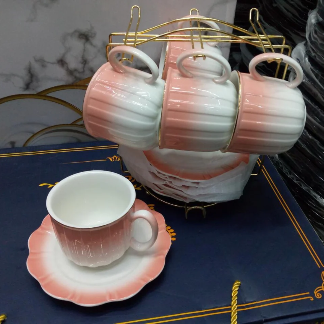 Pink 13 Piece bone china cup and saucer set with stand