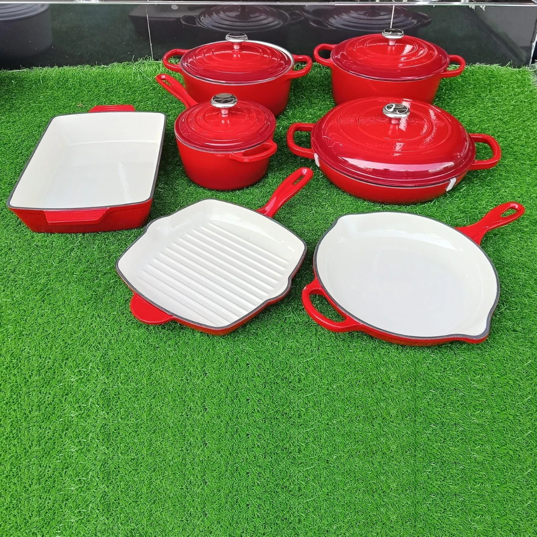 Red Multi-color enamel cast iron cookware set