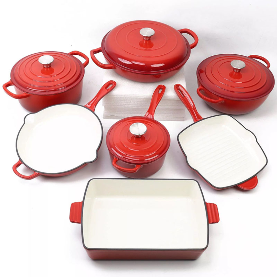 Red Multi-color enamel cast iron cookware set