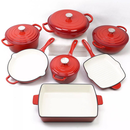 Red Multi-color enamel cast iron cookware set