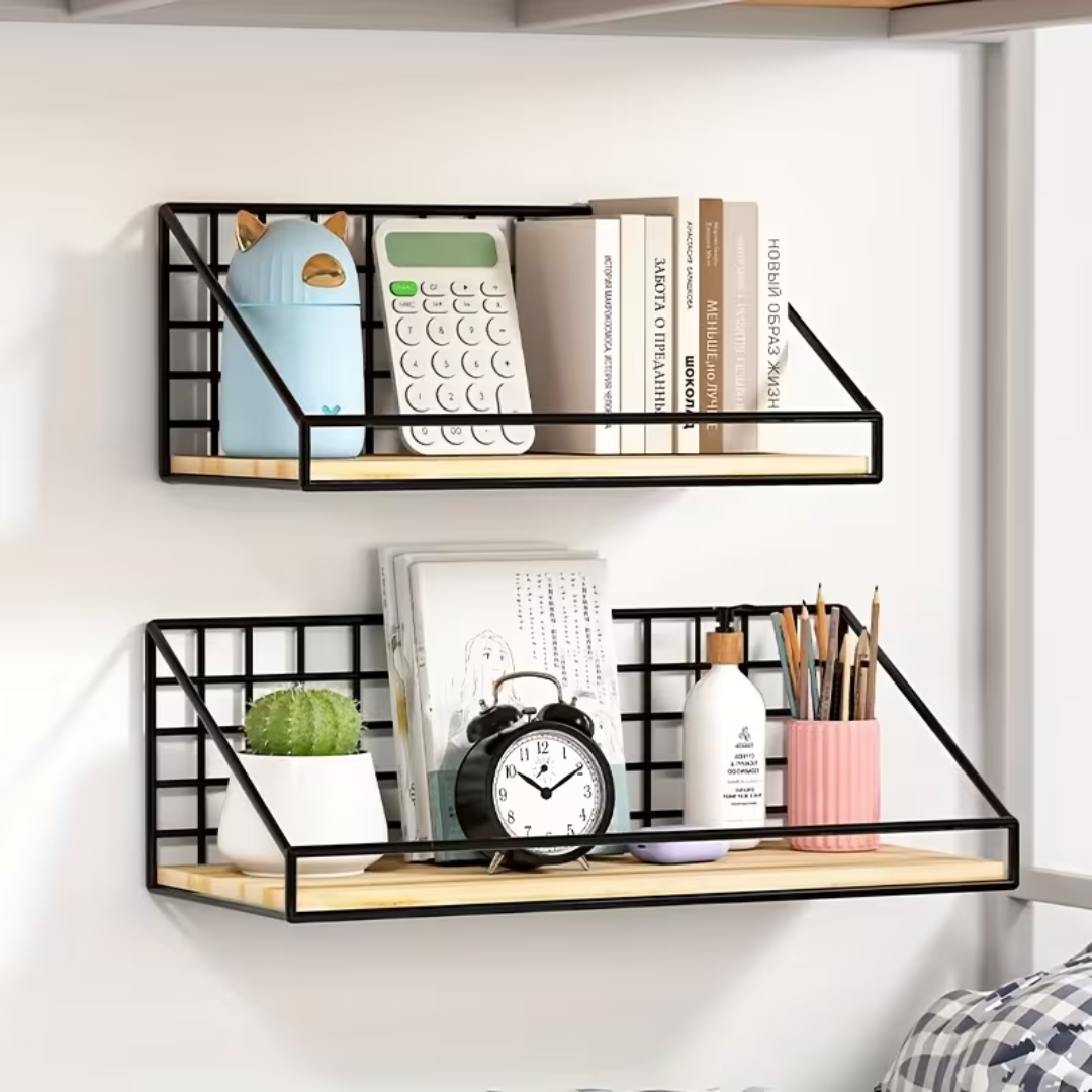 Wood storage display shelf / metal wire basket