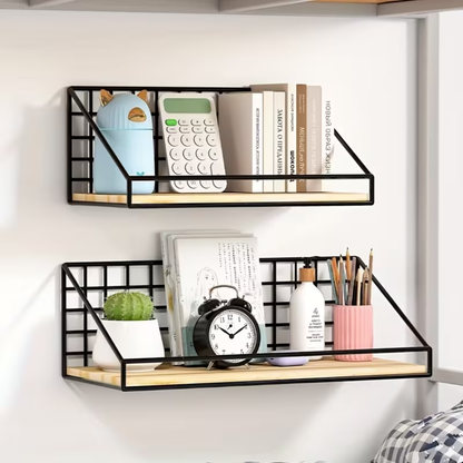 Wood storage display shelf / metal wire basket