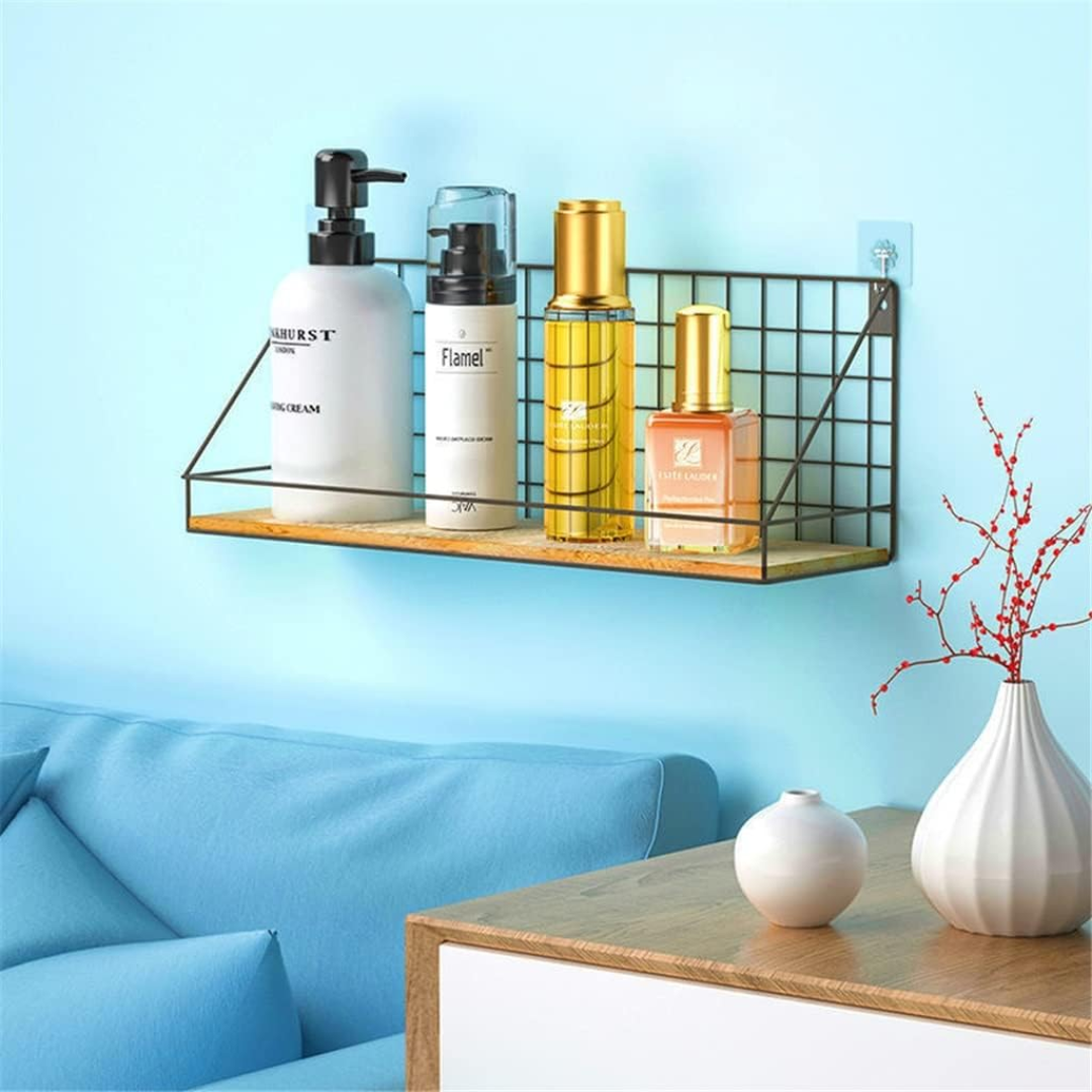 Wood storage display shelf / metal wire basket